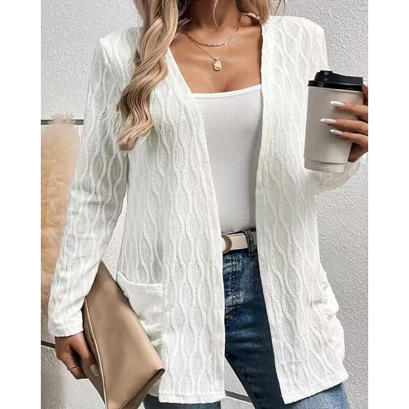 Women's Casual Jacket Comfortable Pocket Casual Plain Outdoor Street Holiday Casual Daily Cardigan Regular V Neck Regular Fit Long Sleeve Outerwear Black White Fall