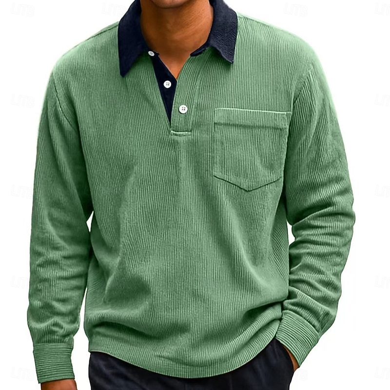 Men's Corduroy Shirt Polo Shirts Casual Sports Lapel Long Sleeve Fashion Basic Color Block Patchwork Buttons Fall Spring &  Fall Regular Fit Black White Light Green Gray Light Blue Dark Red Corduroy4