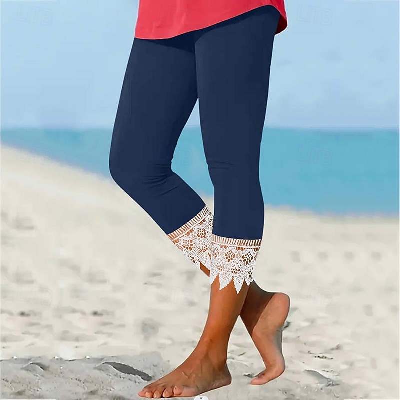 Women's Cropped Trousers Lace High Waist Athletic Pilates Running Bottoms Solid Color Black Burgundy Blue Sports Activewear2