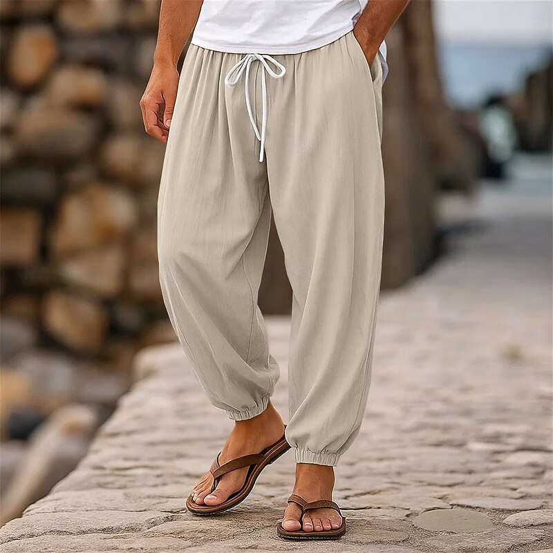 Men's Linen Pants Trousers Summer Pants Jogger Pants Elastic Waist Straight Leg High Rise Solid Color Plain Comfort Breathable Full Length Wedding Holiday Vacation Fashion Black White High Waist3