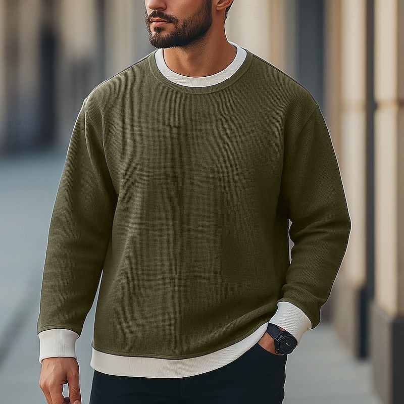 Men's Waffle T-shirt Pullover Sweatshirt Tee Top Long Sleeve Shirt Long Sleeve Crew Neck Fall Spring &  Fall Plain Fashion Designer Basic Fashion Fake two piece Vacation Street Casual Dark Brown Navy