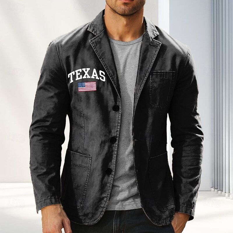 Men's Print Texas US Flag Blazer Cotton Suit Jacket Suits Coat Casual Outdoor Dailywear Multiple Pockets Three Button Stripe Lined Suit Jacket Fall Winter Notch lapel collar Long Sleeve Black khaki2