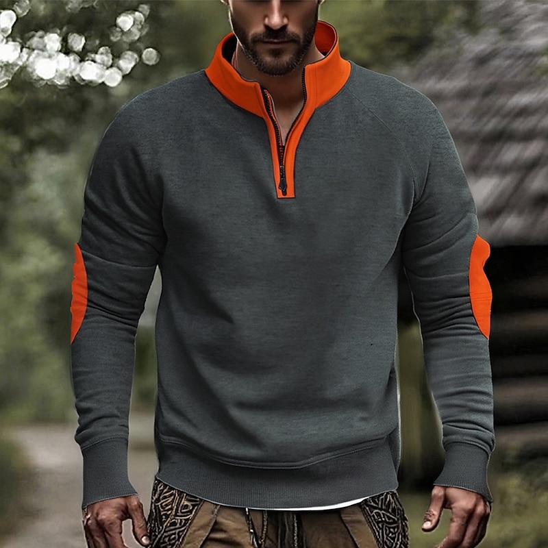 Men's Sweatshirt Quarter Zip Sweatshirt Apricot Black Navy Blue Camel Light Grey Half Zip Color Block Patchwork Sports & Outdoor Daily Holiday Polyester Streetwear Basic Casual Spring Fall Clothing