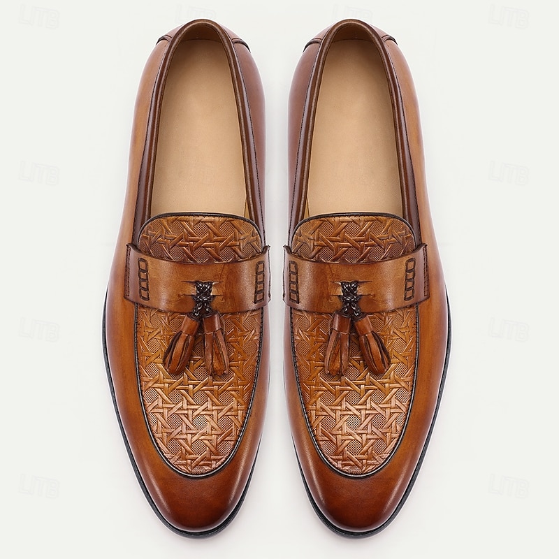 Men's Tan Leather Tassel Loafers – Vintage Slip-On Dress Shoes with Embossed Pattern for Business, Evening Party and Wedding4