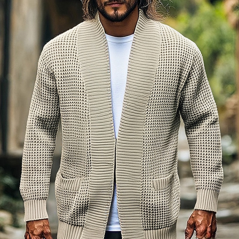 Men's Sweater Cardigan Sweater Knit Sweater Cardigan Jacket Ribbed Crochet Knit Tunic Pocket Solid / Plain Color Open Front Fashion Classic Vacation Daily Wear Clothing Apparel Fall Winter Black Blue