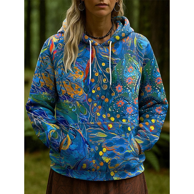 Women's Pullover Hoodie Sweatshirt Floral Graphic Abstract Casual Long Sleeve Hooded Regular Tops Party Evening Wear Street Dailywear Pink Blue Orange Green Spring Fall Winter