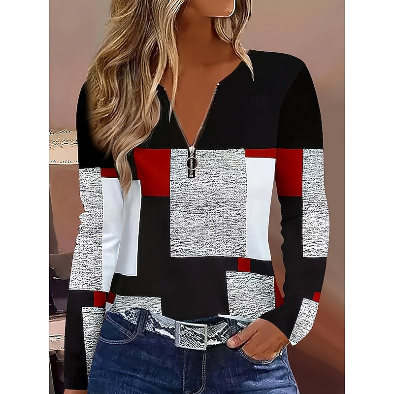 Women's T Shirt Graphic Geometric Color Block Elegant Vintage Stylish Long Sleeve V Neck Regular Tops Daily Weekend Zipper Print Wine Spring Fall