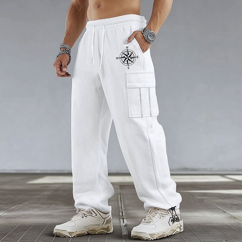 Men's Compass Cargo Sweatpants Joggers Casual Pants Mid Waist Casual Athletic Hiking Workout Elastic Drawstring Waist Open Bottom Tactical Pants with Pockets Spring Fall 3D Print Black White Dark Blue