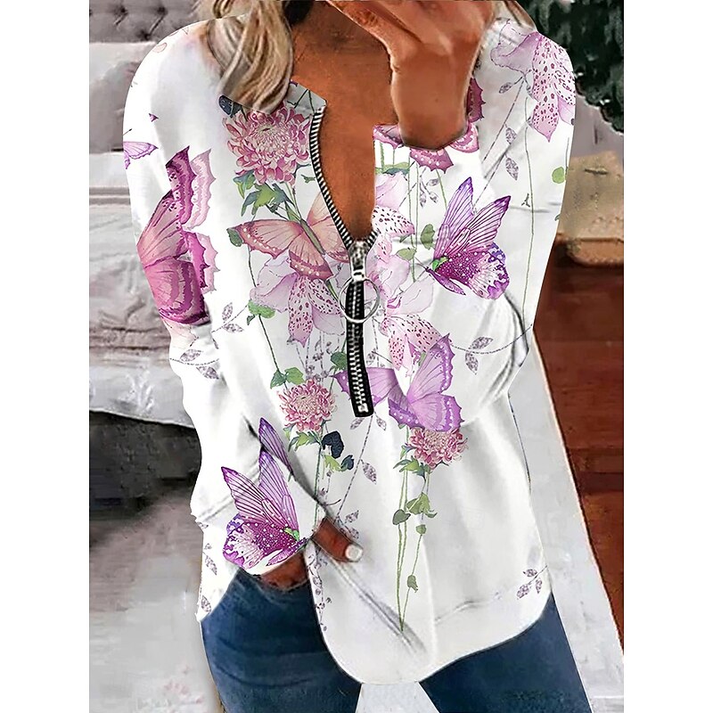Women's Pullover Sweatshirt Zip Up Sweatshirts Floral Graphic Butterfly Fashion Casual Long Sleeve Crew Neck V Neck Regular Tops Street Dailywear Zipper Print Pink Purple Light Blue Fall Winter3