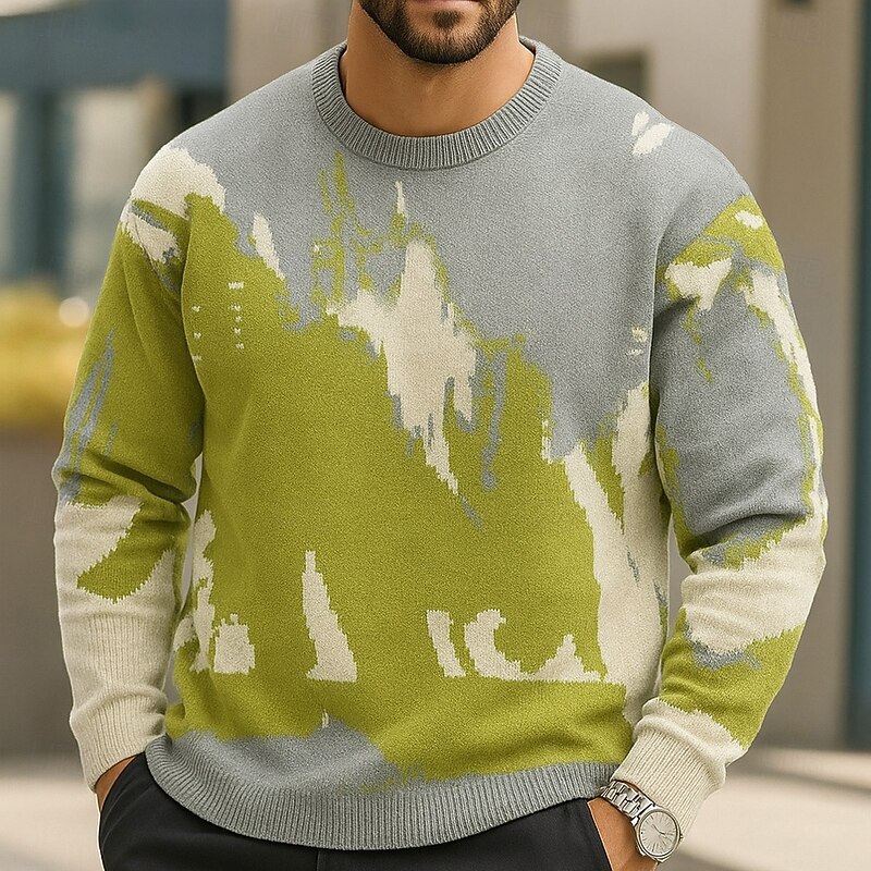 Men's Color Block Pullover Sweater Jumper Knitwear Crewneck Casual Vacation Home Daily 3D Print Knitting Keep Warm Long Sleeve Spring Fall Winter Black Green