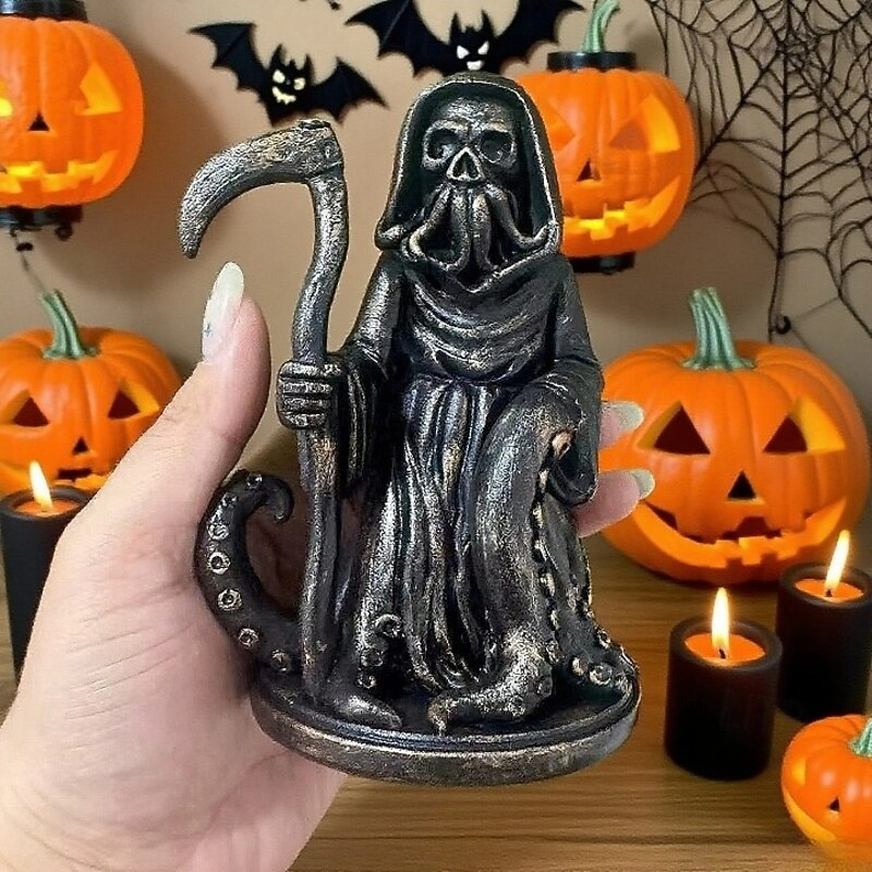 Skeleton Death Statue Halloween Gothic Resin Skeleton Grim Reaper Octopus Statue Decor Small Reaper Figurine of Holy Death for Patio Lawn Home Bedroom Bookshelf3