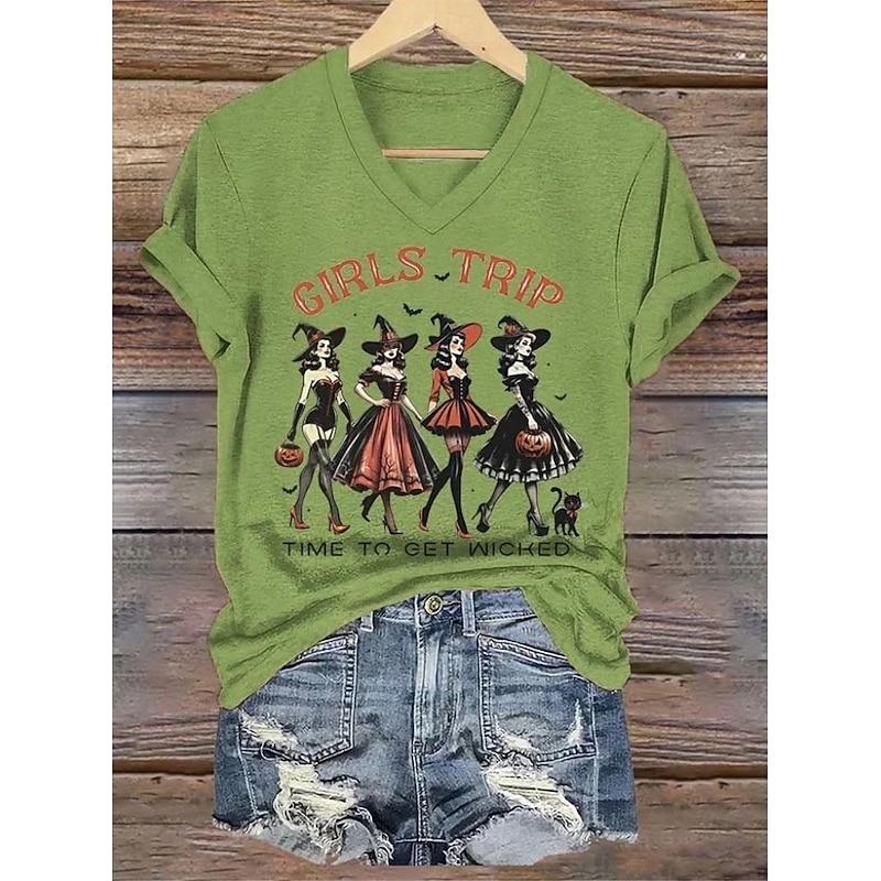 Halloween Women's T shirt Witch Graphic Skull Vintage Stylish Classic Short Sleeve V Neck Regular Tops Daily Print Black White Purple Orange Green Summer Spring