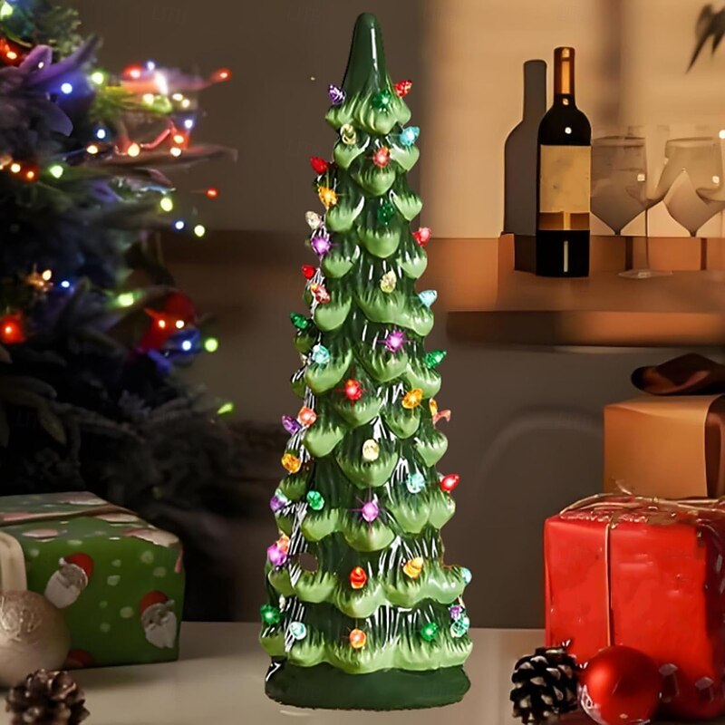 Resin Christmas Trees, Pre-Lit Hand-Painted Tabletop Holiday Decoration w/Multicolor Bulbs LED Lights, Vintage Indoor Decoration Table Top Christmas Tree