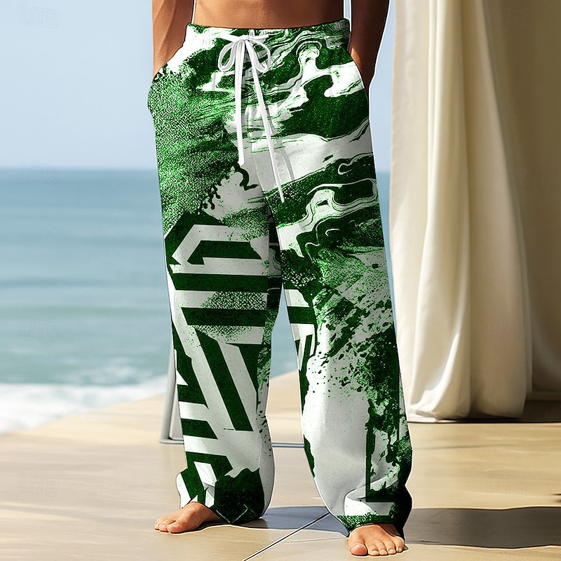 Men's Trousers Baggy Pants Casual Pants Elastic Drawstring Waist Linen-Like Pants with Pockets Geometric Abstract Art Full Length Outdoor Vacation Retro Vintage Black Wine Inelastic3