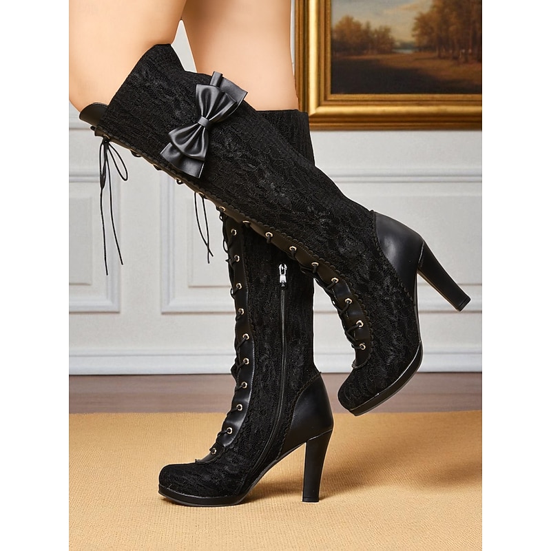 Women's 1900s Victorian - Inspired Black Lace Knee - High Boots - Bow - Accent Heels for Elegant Vintage Gatherings, Gatsby Parties & Halloween Events3