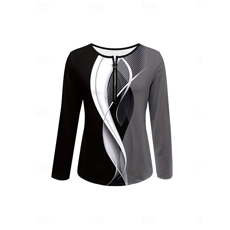 Women's T Shirt Graphic Geometric Elegant Vintage Stylish Long Sleeve Round Neck Notched Neck Regular Tops Daily Weekend Zipper Print Black Spring Fall Winter2