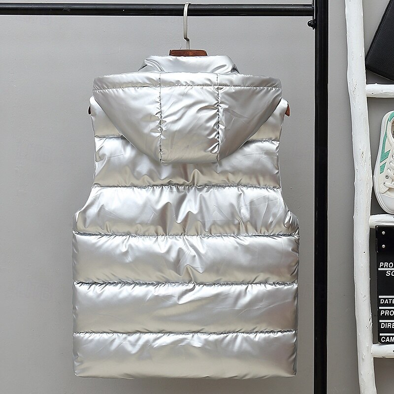 Men's Puffer Vest Vest Gilet Vacation Daily Date Fashion Casual Fall & Winter Pocket Polyester Warm Comfortable Solid Color Zipper Hooded Regular Fit Silver Black Red Dark Silver Vest2