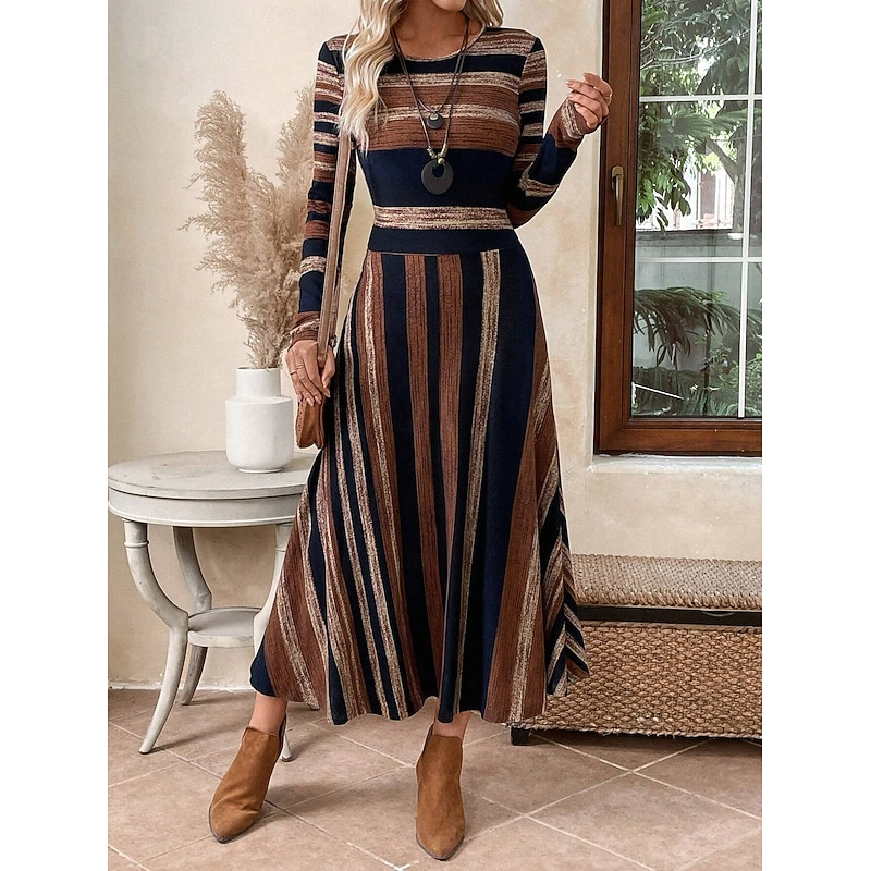 Women's Midi Dress A Line Dress Fit And Flare Dress Casual Regular Fit Graphic Geometric Long Sleeve Crew Neck Brown Summer Fall Winter