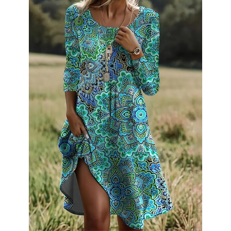 Women's Midi Dress T Shirt Dress Tee Dress Sundress A Line Dress Casual Daily Holiday Date Regular Fit Floral Graphic Long Sleeve Crew Neck Black White Blue Dark Green Summer Spring Fall Winter