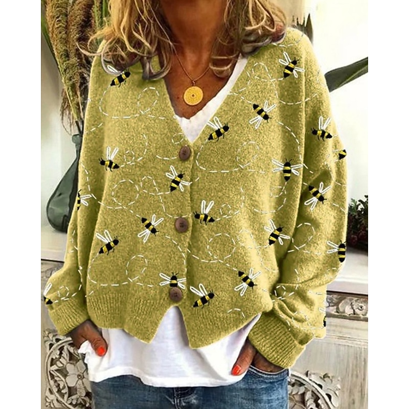 Women's Sweater Cardigan Fashion Streetwear Daily Animal Ribbed V Neck Knitted Print Long Sleeve Regular Tops Knit Holiday Going out Weekend Yellow Fall Winter4