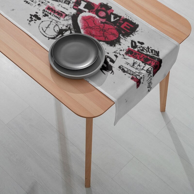 1PC Love Graffiti Table Runner Table Flag - Digital Printed Rectangular Tablecloth for Restaurant, Banquet, Wedding Decoration (33x180cm/13x70.5in4