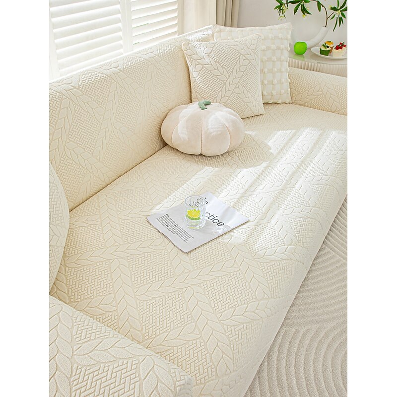 1 Piece Geometric Line Jacquard Velvet Sofa Cover, Simple Style Elastic Fitted Couch Slipcover, Pet-Friendly, Anti-Slip, Dustproof, Machine Washable, All-Season Sofa Protector