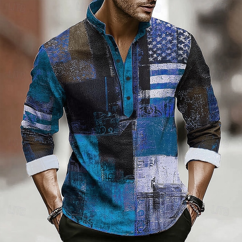 Men's Geometric Color Block Patchwork Shirt Henley Shirt Stand Collar Shirt Long Sleeve Vintage Retro Vacation Casual Summer Spring Mandarin Buttons Linen Like Shirt Red Blue Purple Orange Green4