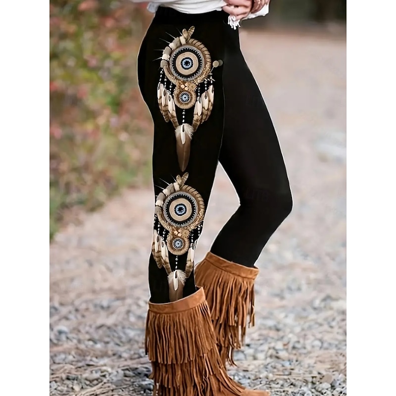 Women's Leggings Vacation Vintage Fashion Full Length High Waist Graphic Printing Thermal Warm Soft Breathable Stretchy Formal Outdoor Vacation Black Yellow Rainbow Spring Fall Slim Fit