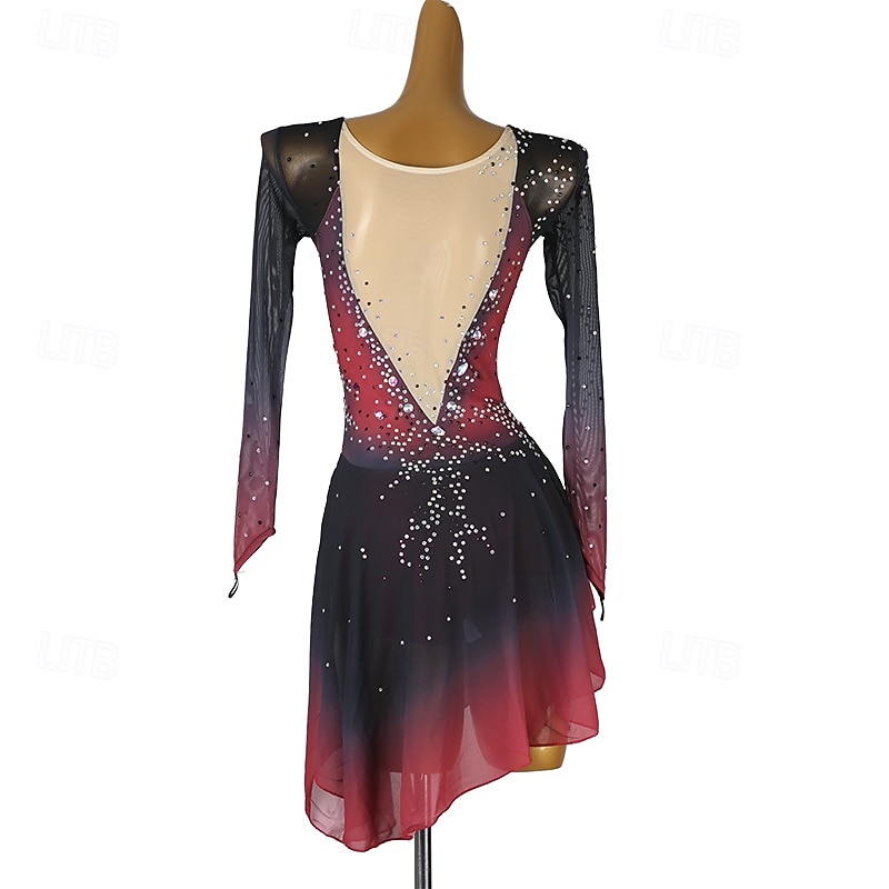 Figure Skating Dress Women's Girls' Ice Skating Dress Black+Red Patchwork Open Back Mesh Spandex High Elasticity Training Practice Professional Skating Wear Classic Crystal / Rhinestone Long Sleeve4