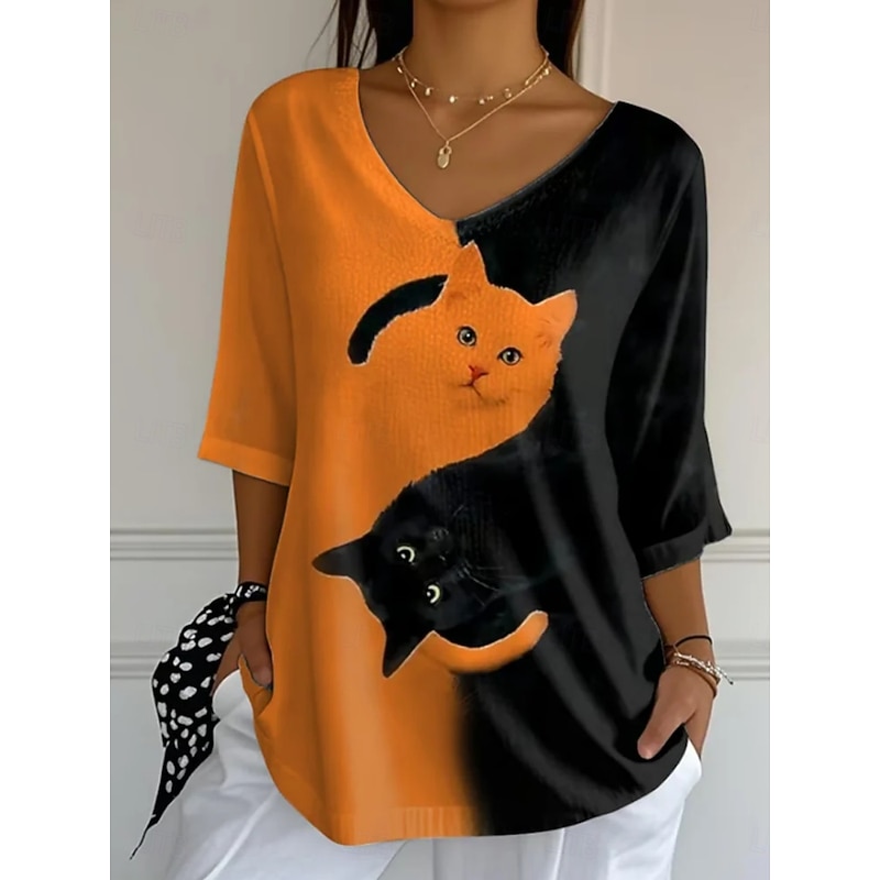 Halloween Women's Blouse Cat Daily Casual 3/4 Length Sleeve V Neck Regular Tops Daily Holiday Print Orange Summer Spring Fall