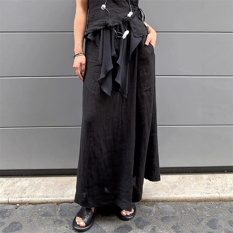 Women's Wide Leg Linen Pants Pants Trousers Fashion Streetwear Full Length High Waist Plain Pocket Breathability Comfortable Street Daily Wear Going out Camel Black White Gray Spring Fall Regular Fit3