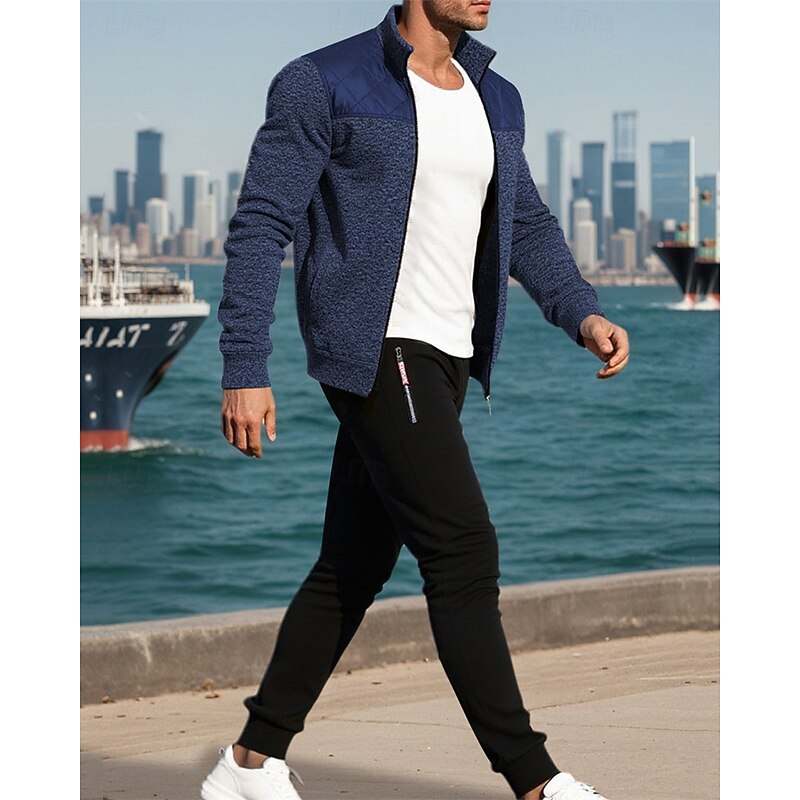 Men's Casual Jacket Set Vacation Daily Breathability Pocket 2 Piece Spring Fall Color Block Fashion Classic Stand Collar Regular Black Wine Navy Blue Light Grey Dark Gray Jacket2