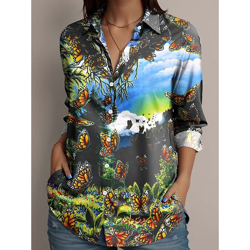 Dakota Daetwiler by Women's Shirt Blouse Floral Butterfly Striped Vintage Tropical Stylish Long Sleeve Shirt Collar Regular Tops Work Daily Holiday Buttons Print Blue Summer Spring Fall2