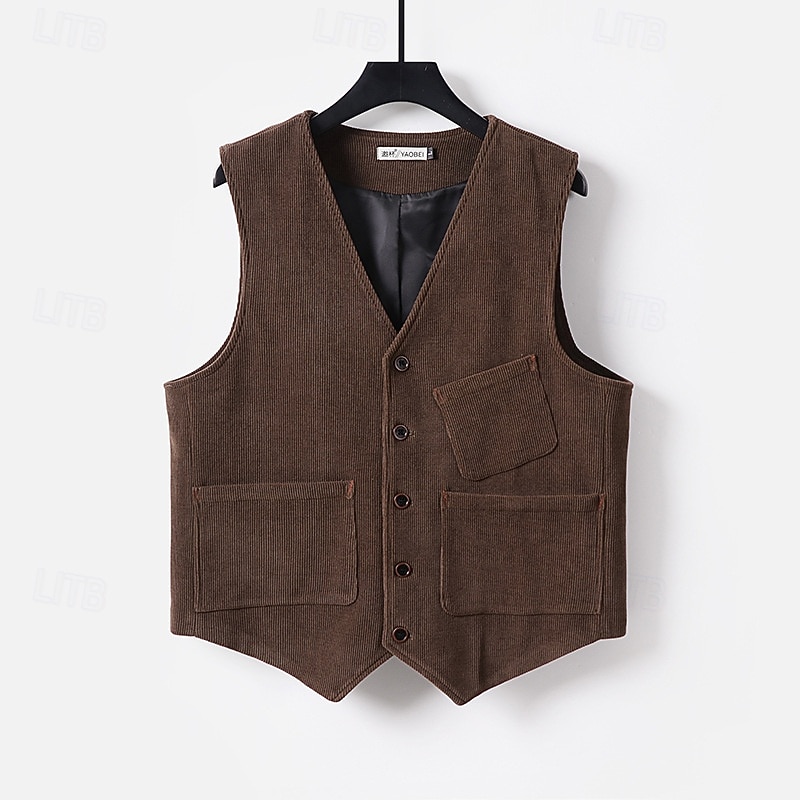 Men's Corduroy Vest Vest Waistcoat Gilet Vacation Party Business Fashion Casual Spring Fall Pocket Buttons Polyester Comfortable Plain Single Breasted One-button V Neck Regular Fit Black Green Coffee
