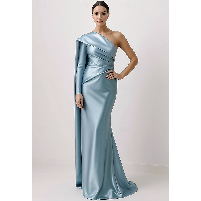 Blue Red Black Column Evening Gown Elegant Dress Formal Wedding Floor Length Long Sleeve One Shoulder Capes Satin with Pleats 2025