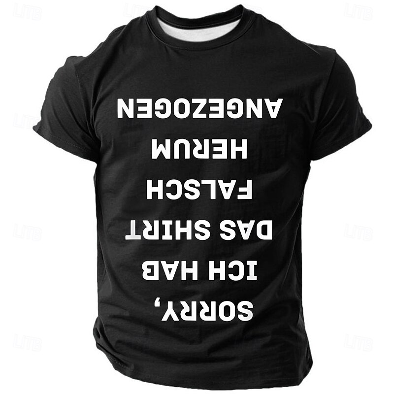 Men's Humorous Red Short Sleeve T-Shirt - "Sorry, I Put My Shirt On Wrong" German Upside-Down Text Graphic Tee4