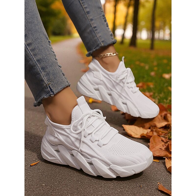 Women's White Chunky Sole Lace-Up Sneakers – Lightweight Breathable Mesh Sports Shoes for Running, Walking & Casual Outfits3