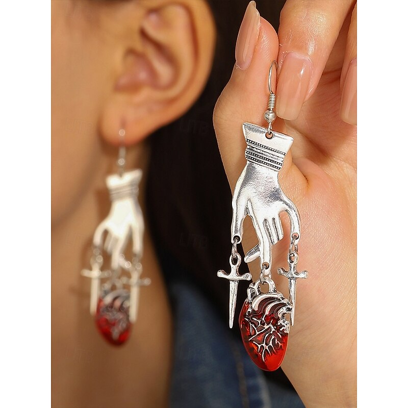 Women's Halloween Gothic Hand and Heart Earrings, Silver Drop Dangle Jewelry with Red Crystal Accents for Costume Parties and Cosplay2