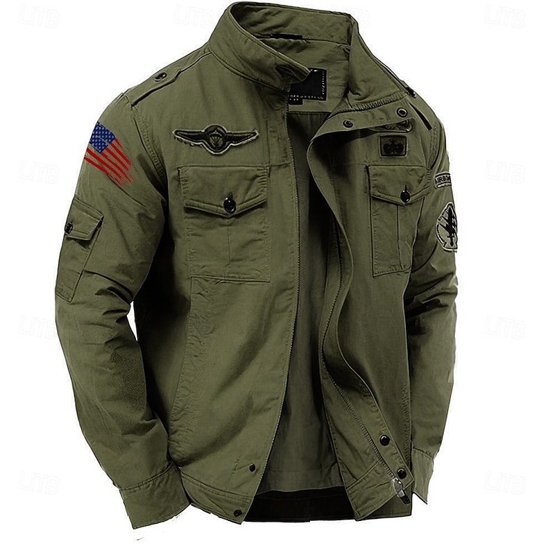 Men's Cotton Embroidered Military Jacket Windbreaker with Shoulder Straps Long Sleeve Standing Collar Multi-Pockets Trucker Jacket American US Flag Print Tactical Outerwear2