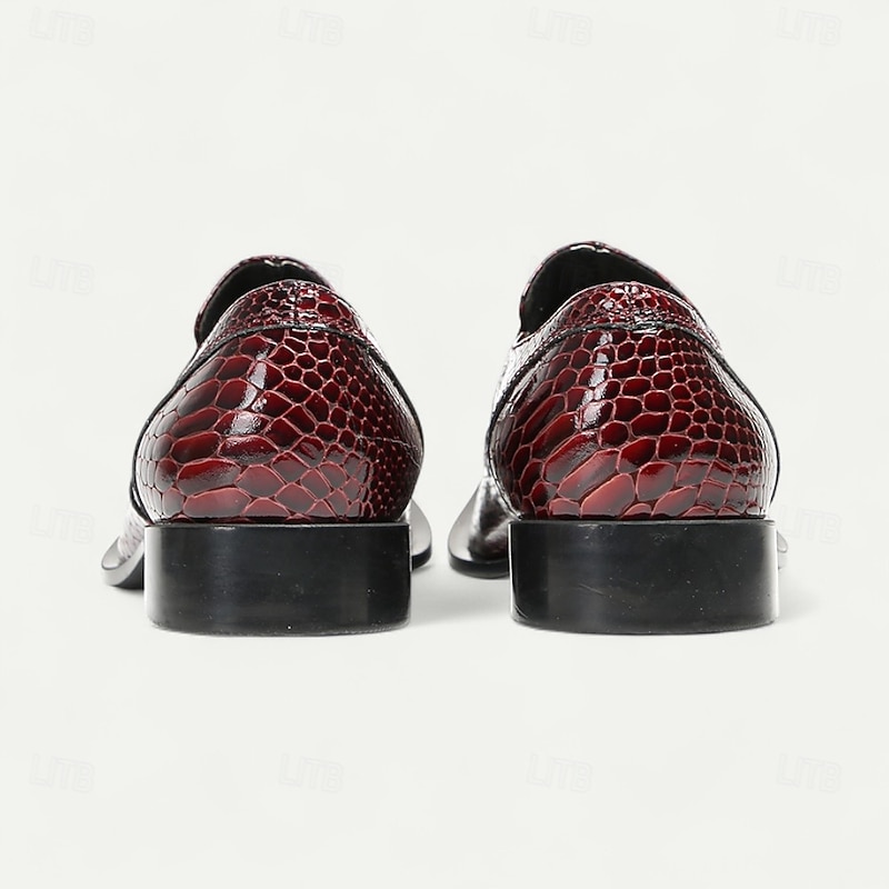 Men's Burgundy Crocodile Pattern Leather Dress Shoes with Metal Pointed Toe, Elegant Slip-On Loafers for Banquets, Business Events and Special Occasions4