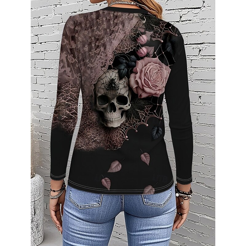 Halloween Women's T Shirt Skulls Floral Graphic Vintage Stylish Classic Long Sleeve Crew Neck Round Neck Regular Tops Daily Print Dusty Rose Spring Fall Winter2
