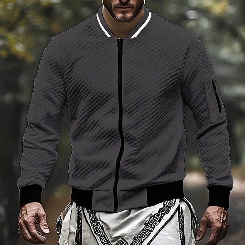 Men's Sweatshirt Full Zip Sweatshirt Black White Wine Navy Blue Light Grey Standing Collar Plain Jacquard Zip Up Sports & Outdoor Daily Holiday Polyester Streetwear Basic Casual Fall Winter Clothing3