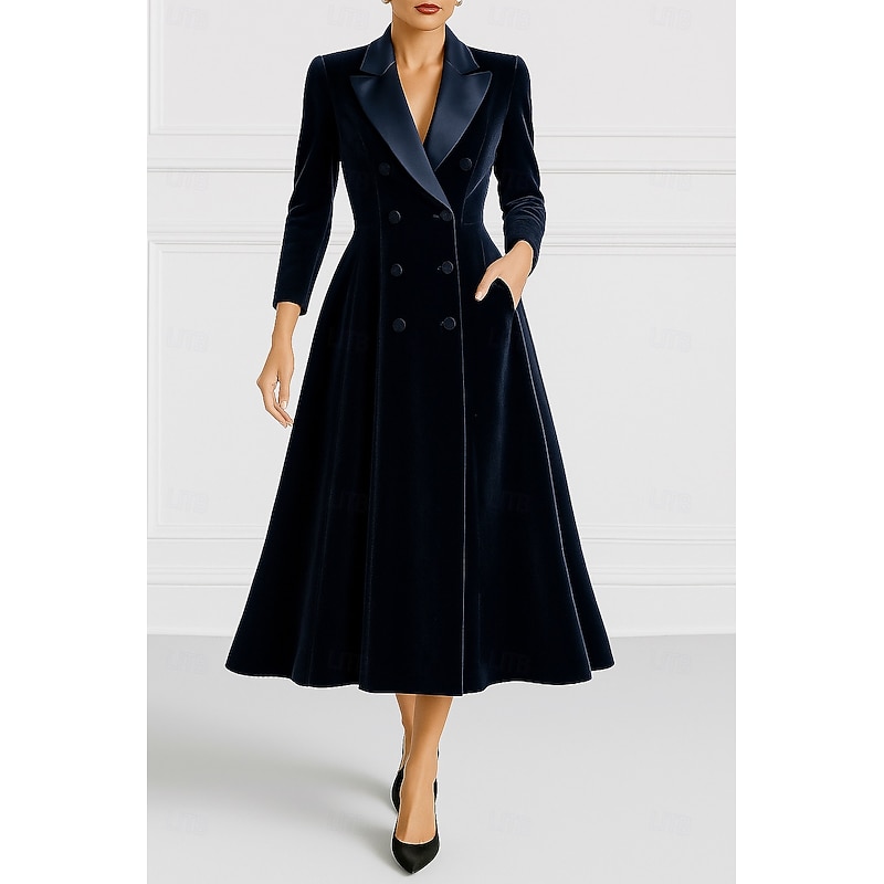 Tuxedo Dress A-Line Formal Velvet Elegant Simple Long Sleeve Tea Length Lapel Double Breasted