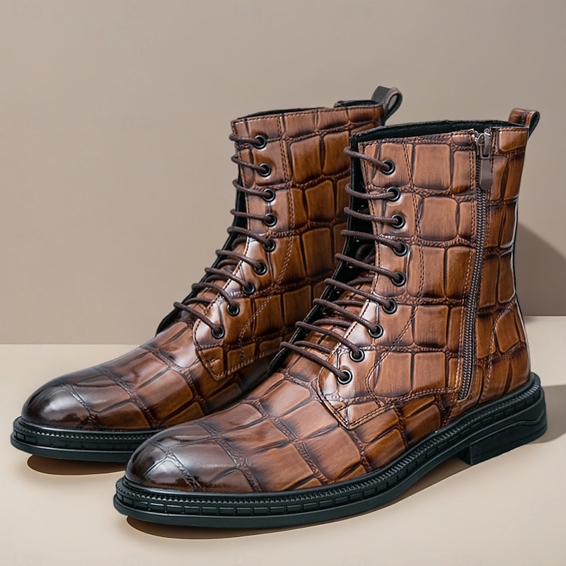 Men's Brown Crocodile Pattern Lace-Up Boots, Vintage Business Casual Shoes for Office and Formal Occasions