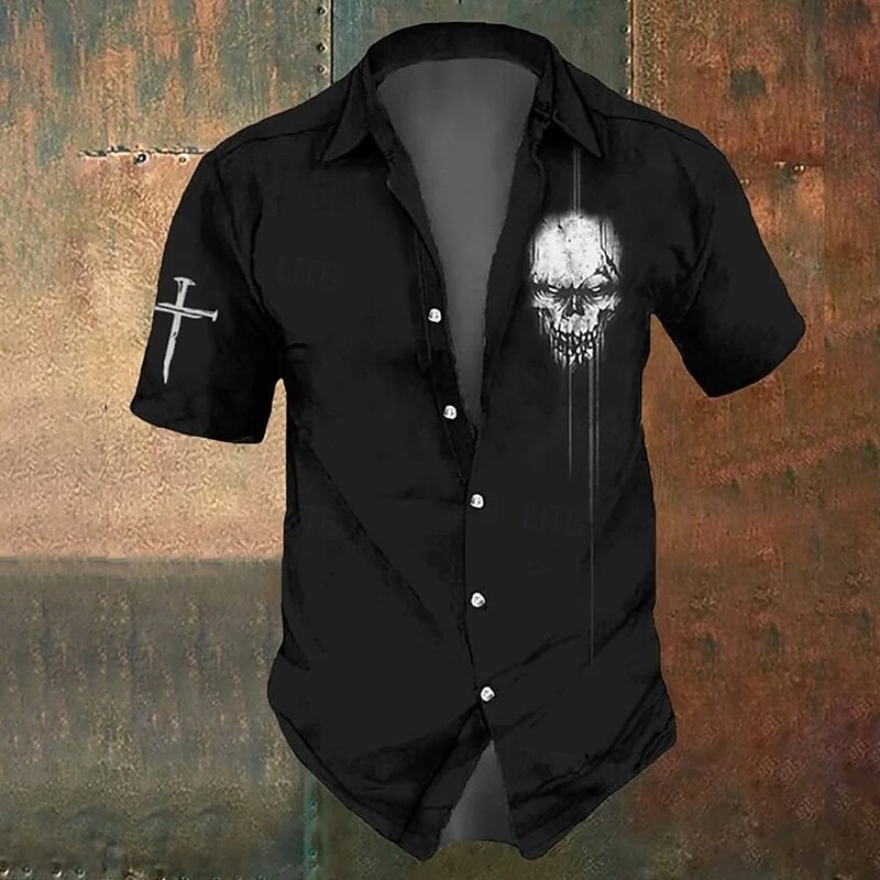 Halloween Men's Skull Cross Halloween Costumes Shirt Button Up Shirt Short Sleeve Dark Gothic Style Holiday Summer Spring Turndown 3D Print Collared Shirts Black 1 Black
