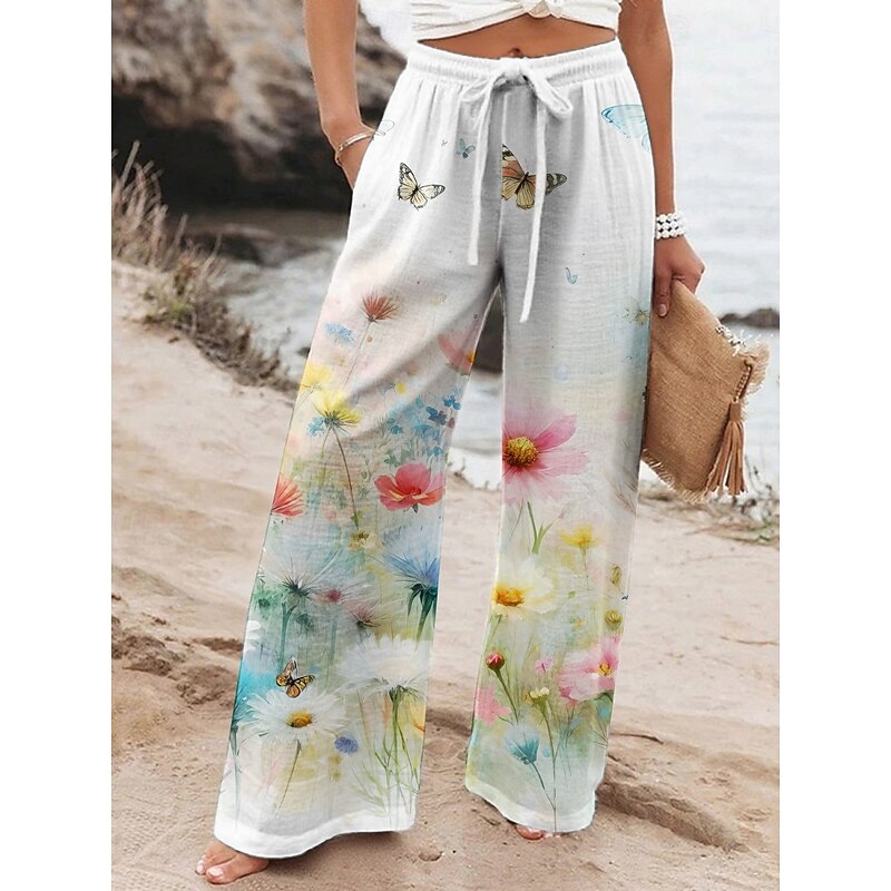 Women's Wide Leg Pants Trousers Vacation Casual Long High Waist Floral Elastic Waist Printing High Cut Breathability Soft Micro-elastic Vacation Street Daily Wear Yellow Blue Green Spring Fall