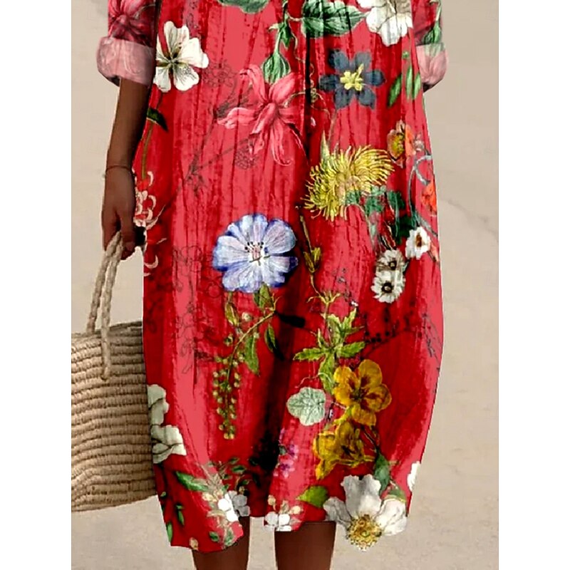 Women's Midi Dress Casual Dress Sundress A Line Dress Vacation Casual Boho Party Holiday Beach Loose Fit Floral Graphic Long Sleeve V Neck Red Spring Fall3