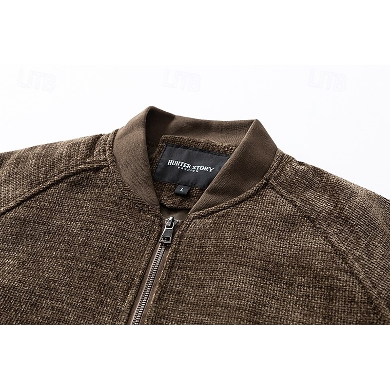 Men's Lightweight Jacket Bomber Jacket Formal Home Zipper Pocket Fall Winter Solid Color Active Neutral Collarless Regular Black Light Green Brown Khaki Jacket4