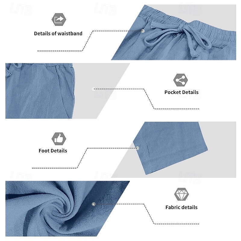 Men's Linen Pants Trousers Summer Pants Baggy Pants Drawstring Elastic Waist Straight Leg Plain Comfort Breathable Full Length Home Daily Holiday Vacation Fashion Denim Blue Light Green Inelastic2