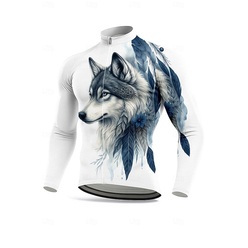 Men's Tops Cycling Jersey Graphic Wolf animal print Long Sleeve Bike Jersey Top with 3 Rear Pockets Sun Sun Protection Sunscreen Quick Dry Sports Blue Clothing Apparel